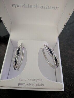 Sparkle Allure Silver Plated Genuine Crystal Twist Hoop Earrings Black & Clear